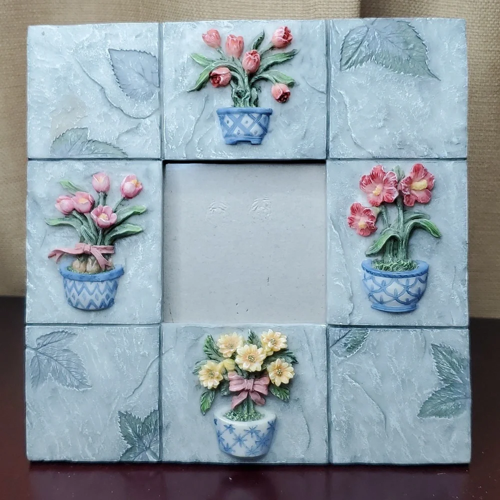 Floral Frame Richesco Intricate 3D Sculpted Flowers Gray Square Spring Garden